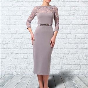 Gray Lace Yoke Belted Sheath Dress